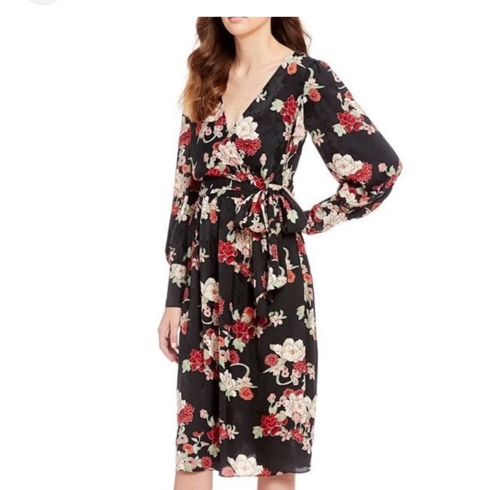 Chelsea & Violet Black Floral Midi Dress with Ruffle and Tie Waist